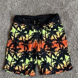 art class Kids Swim Trunks with Palm Tree Print - Black, Orange, Yellow